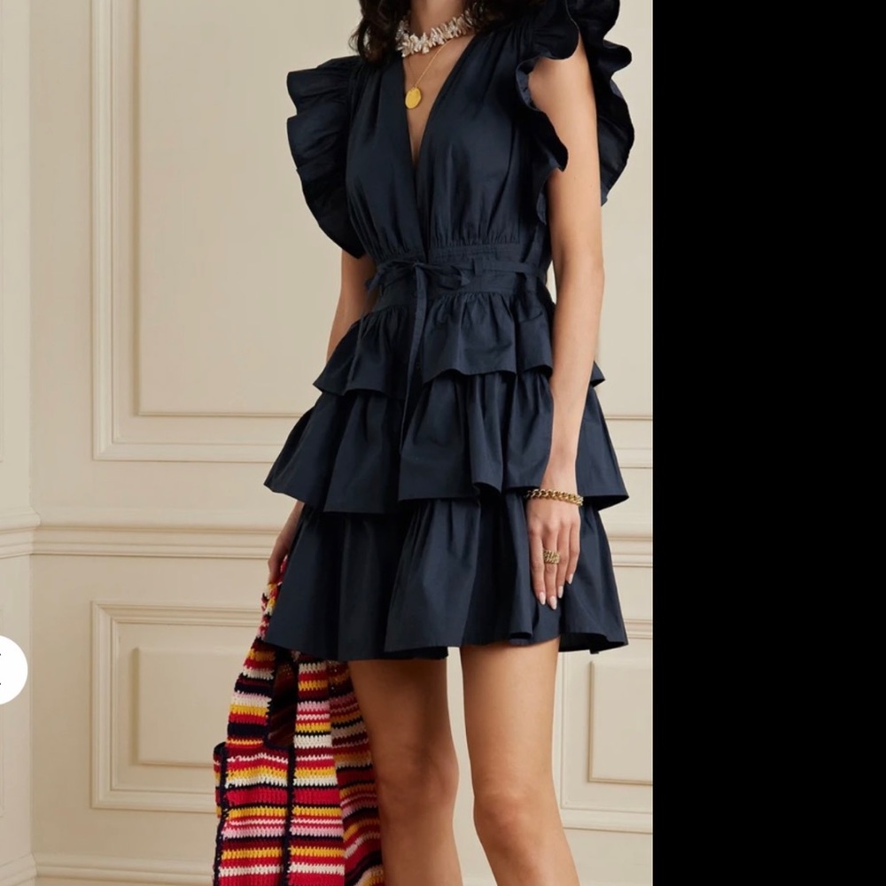 Price reduced! ULLA JOHNSON navy 
Sena ruffled washed cotton-poplin mini dress